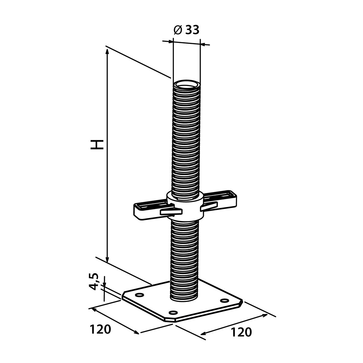 Galvanized adjustable base jack Ø 33 mm — ECO